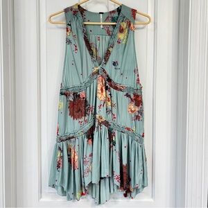 Free People Green Floral Sleeveless Tiered Ruffles Hi-Low Hem BohoTunic Top Sm